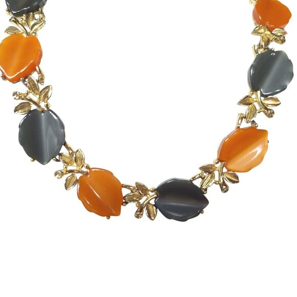 Vtg Statement Collar Necklace Gold Tone Orange Gray Stone Leaf Detail Autumncore - Picture 1 of 5